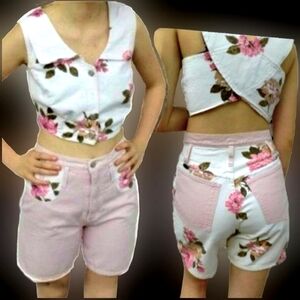 Vtg 90s CA concepts white pink floral denim bustier high waist jean short set M